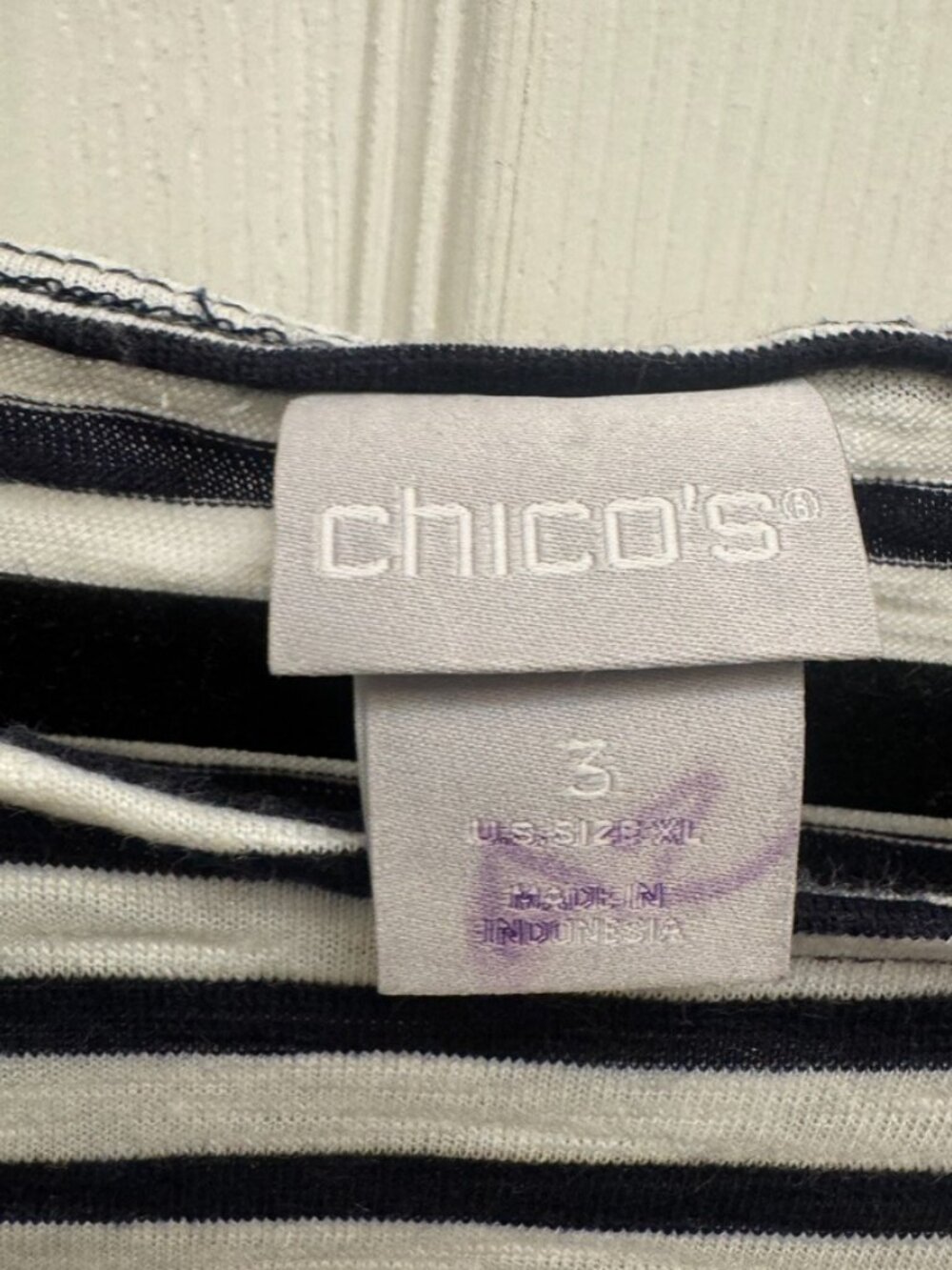 Chico's Striped Lace Trim Top Navy White Cotton Modal Knit Blouse Size 3 (XL) - Picture 5 of 7